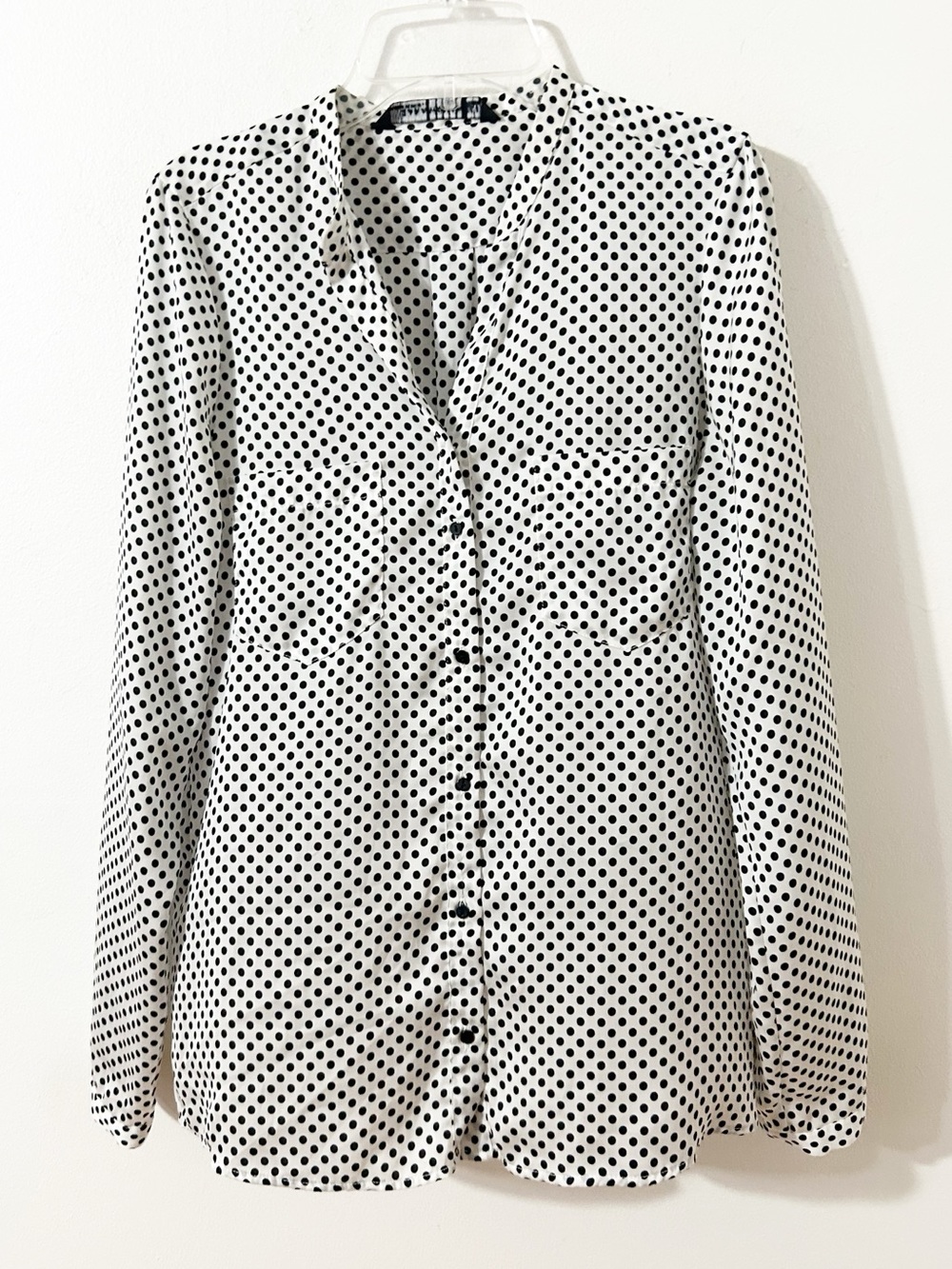 ZARA Woman Polka Dot Button Down Blouse Size Small S White Black Long Sleeve Top